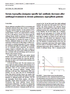 ينخفض الجسم المضاد IgG الخاص بـ Aspergillus fumigatus في مصل الدم بعد العلاج المضاد للفطريات لدى مرضى داء الرشاشيات الرئوي المزمن